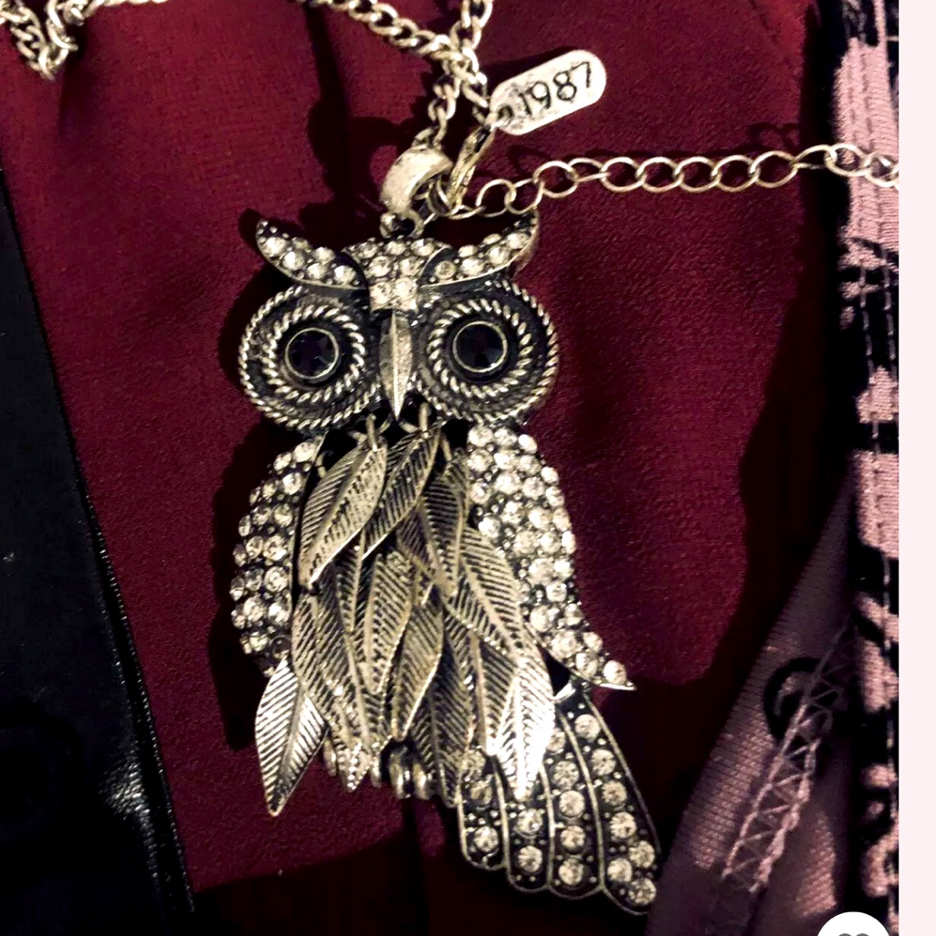 Pre Owned Vintage Aero 1987 Silvertone & Rhinestone Owl Pendent Necklace